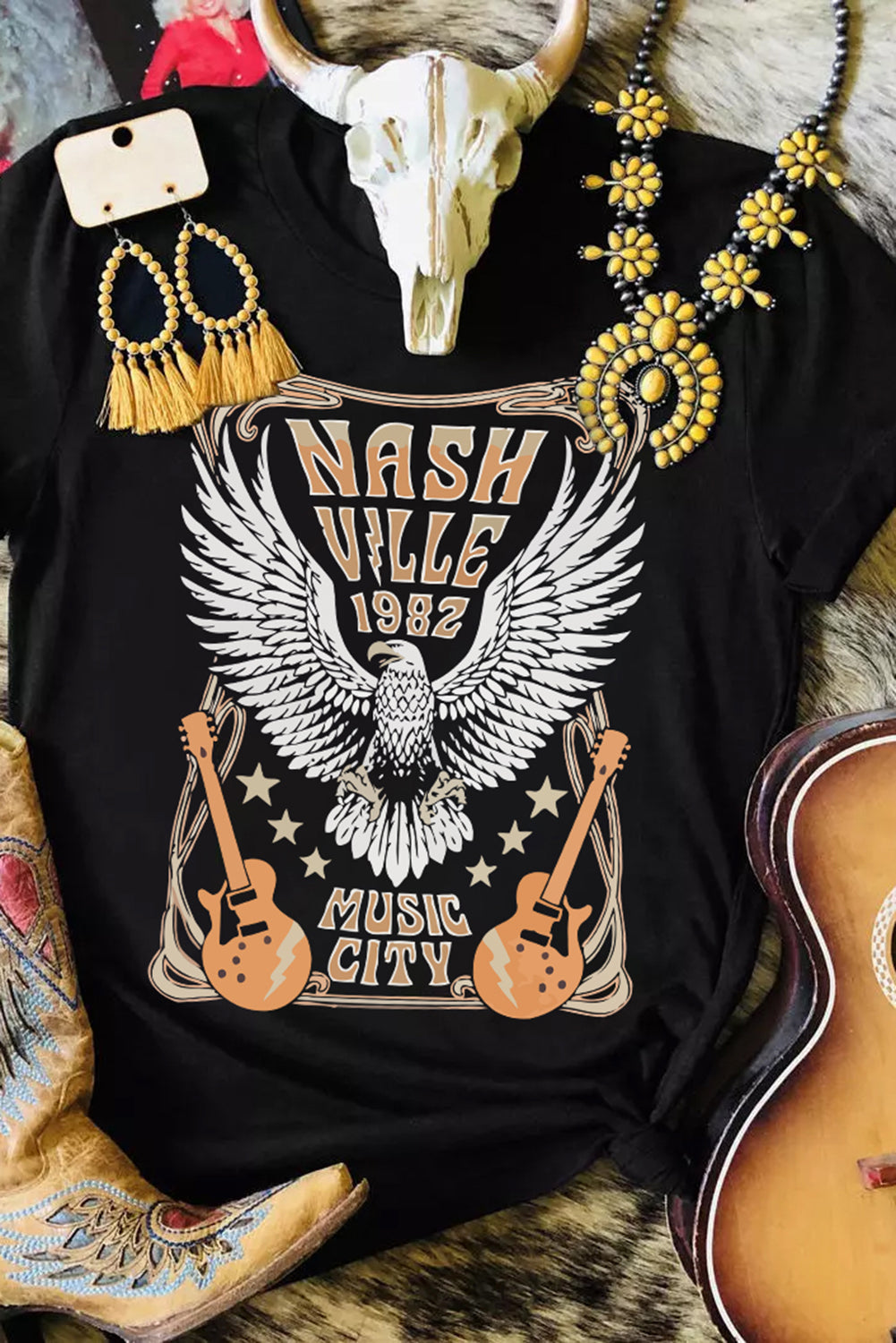 Black Vintage NASHVILLE 1982 Music City Graphic Tee Black 95%Polyester+5%Elastane Graphic Tees JT's Designer Fashion