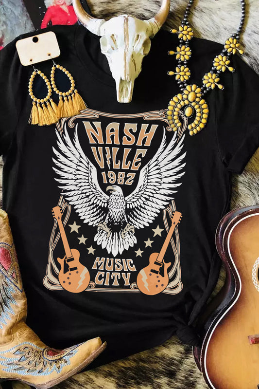 Black Vintage NASHVILLE 1982 Music City Graphic Tee Black 95%Polyester+5%Elastane Graphic Tees JT's Designer Fashion