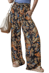 Multicolour Floral Shirred High Waist Wide Leg Pants with Tie Pants & Culotte JT's Designer Fashion