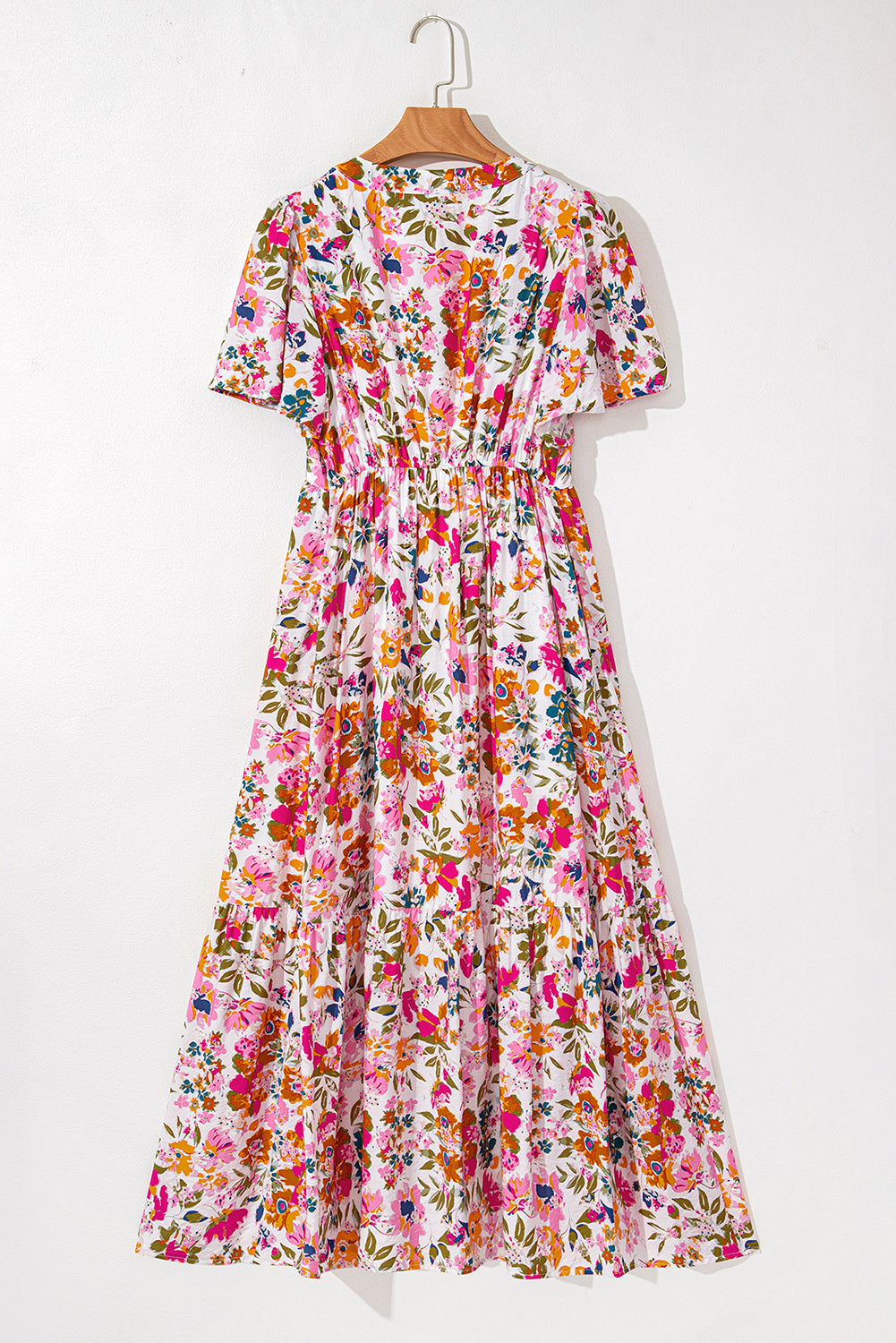 Red Floral Short Sleeve V Neck High Waist Maxi Dress Floral Dresses JT's Designer Fashion