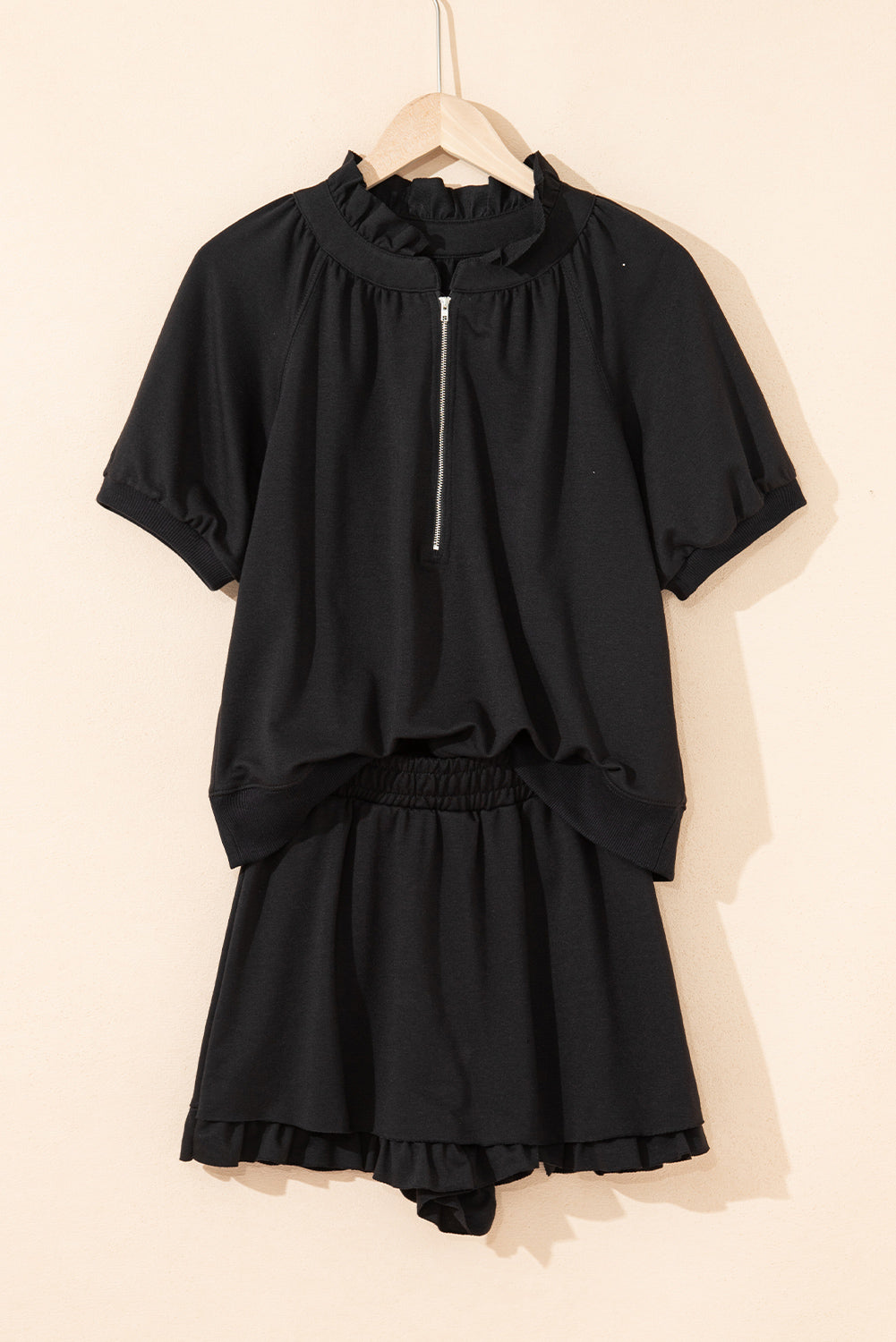 Black Half Zip Puff Sleeve Top and Ruffled Shorts Set Short Sets JT's Designer Fashion