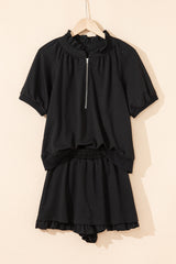 Black Half Zip Puff Sleeve Top and Ruffled Shorts Set Short Sets JT's Designer Fashion