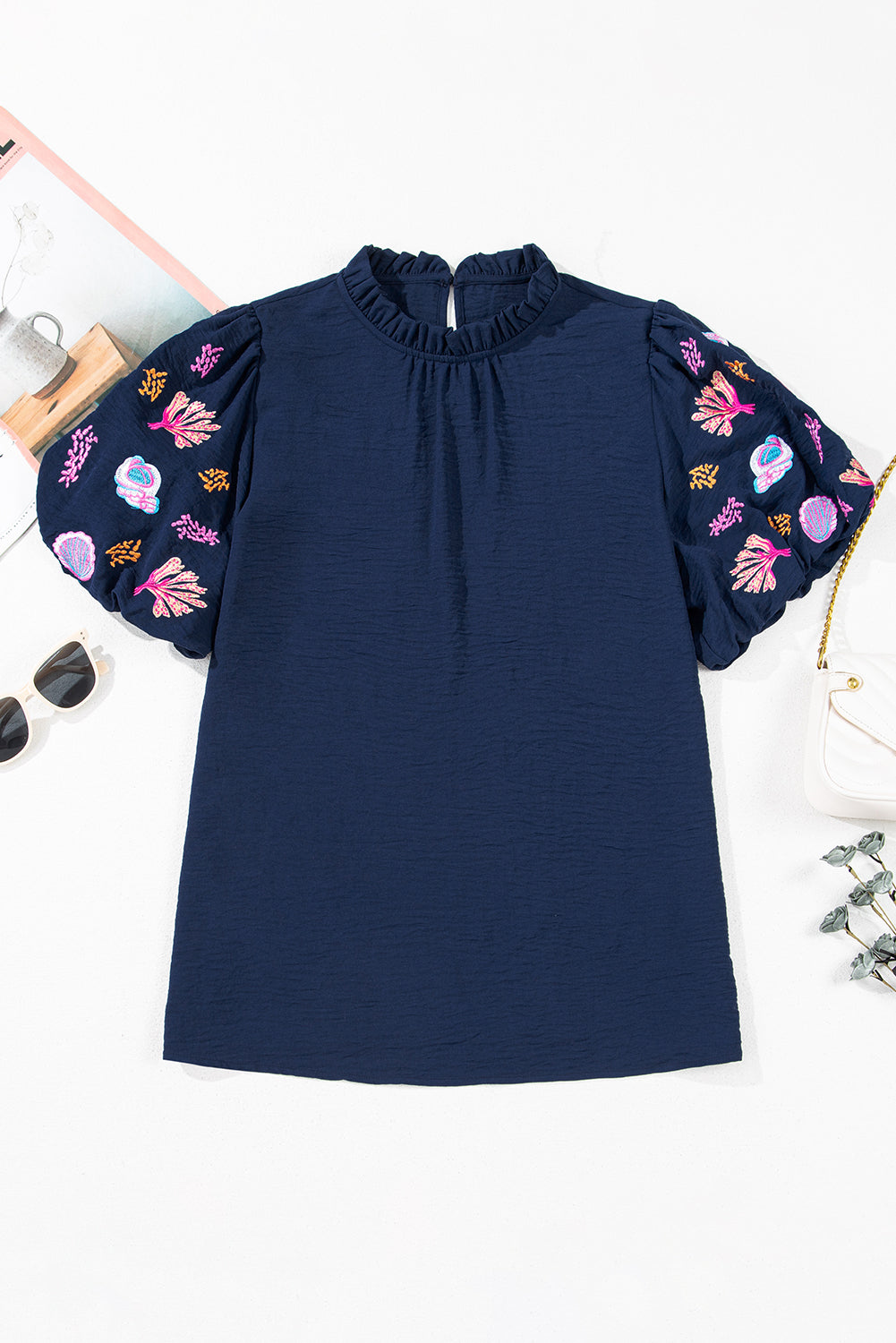 Sail Blue Shellfish Coral Embroidery Puff Sleeve Frilled Neck Blouse Blouses & Shirts JT's Designer Fashion