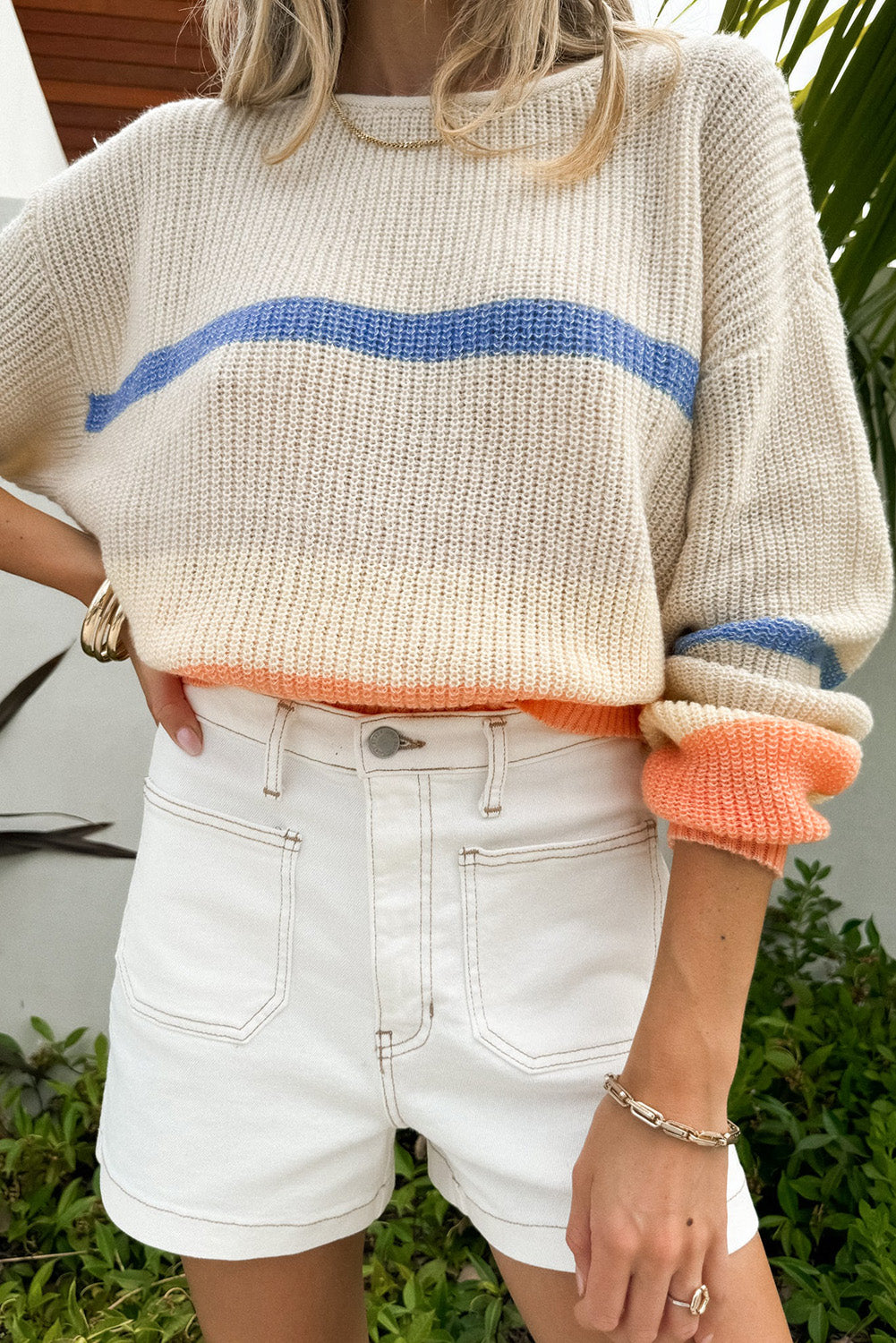 Beige Colorblock Striped Drop Shoulder Cozy Sweater Sweaters JT's Designer Fashion