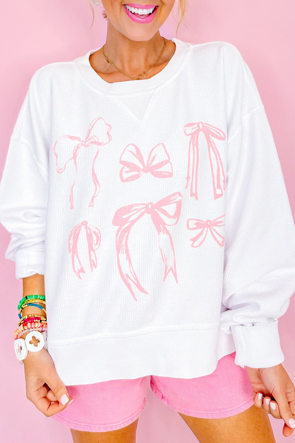 White Bowknot Pattern Corded Long Sleeve Drop Shoulder Top Long Sleeve Tops JT's Designer Fashion