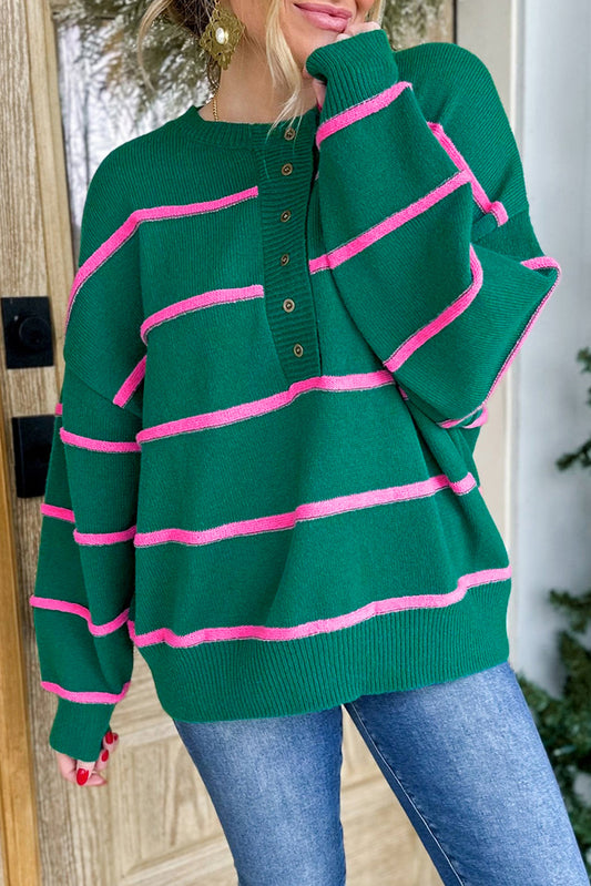 Green Stripe Half Buttons Drop Shoulder Oversized Sweater Green Stripe 52%Viscose+26%Polyester+22%Polyamide Sweaters JT's Designer Fashion