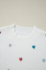 Beige Sequin Heart Shape Waffle Knit Round Neck Sweater Sweaters JT's Designer Fashion