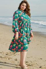 Green Horse Printed Long Sleeve Collared Buttoned Plus Size Midi Dress Plus Size Midi Dresses JT's Designer Fashion