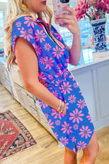 Purple Floral Striped Quarter Zip Cap Sleeve Drawstring Waist Mini Dress Floral Dresses JT's Designer Fashion