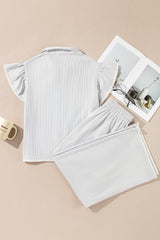 Gray Stripe Zipped up Collar Ruffled Sleeve Tee and Wide Leg Pants 2pcs Outfit Pant Sets JT's Designer Fashion