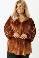 Chestnut Plus Size Velvet Chest Pocket Drop Shoulder Shirt Plus Size Blouses & Shirts JT's Designer Fashion