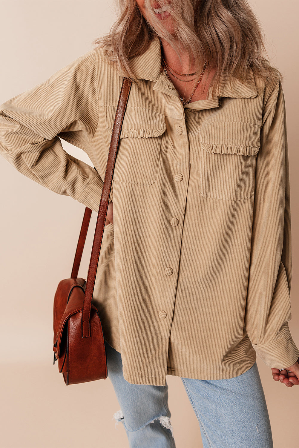 Light French Beige Solid Frilled Flap Pocket Button Up Corduroy Shacket Jackets JT's Designer Fashion