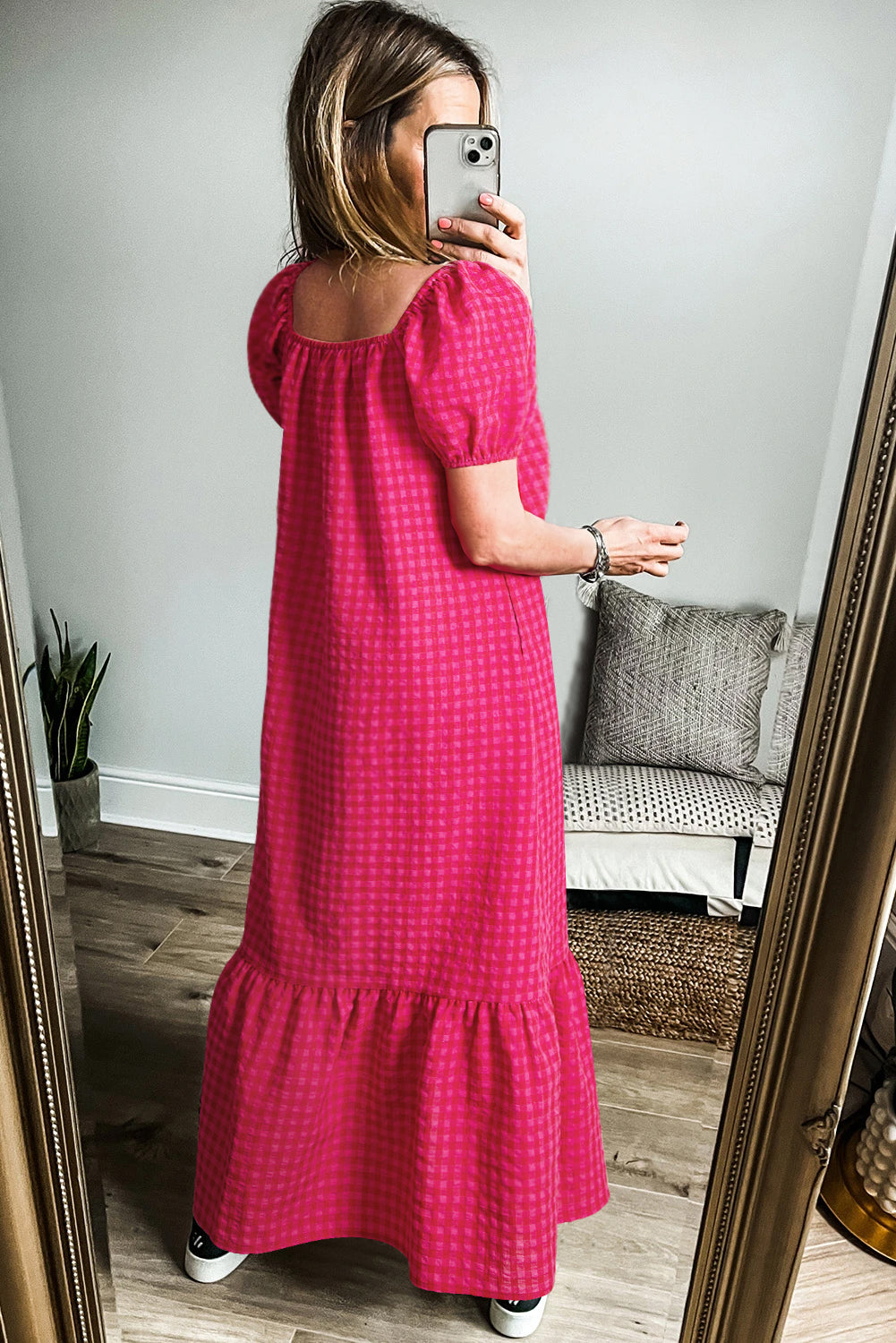 Rose Ginham Check Bubble Sleeve Ruffled Long Dress Maxi Dresses JT's Designer Fashion