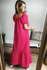 Rose Ginham Check Bubble Sleeve Ruffled Long Dress Maxi Dresses JT's Designer Fashion