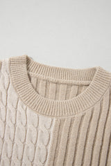 Khaki Cable Knit Colorblock Crew Neck Drop Shoulder Sweater Sweaters JT's Designer Fashion