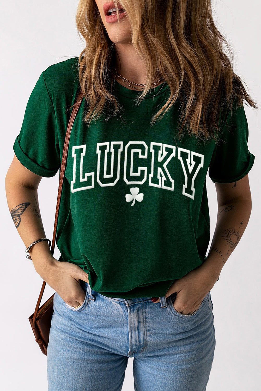 Green LUCKY Clover Puff Print Round Neck Casual T Shirt Graphic Tees JT's Designer Fashion
