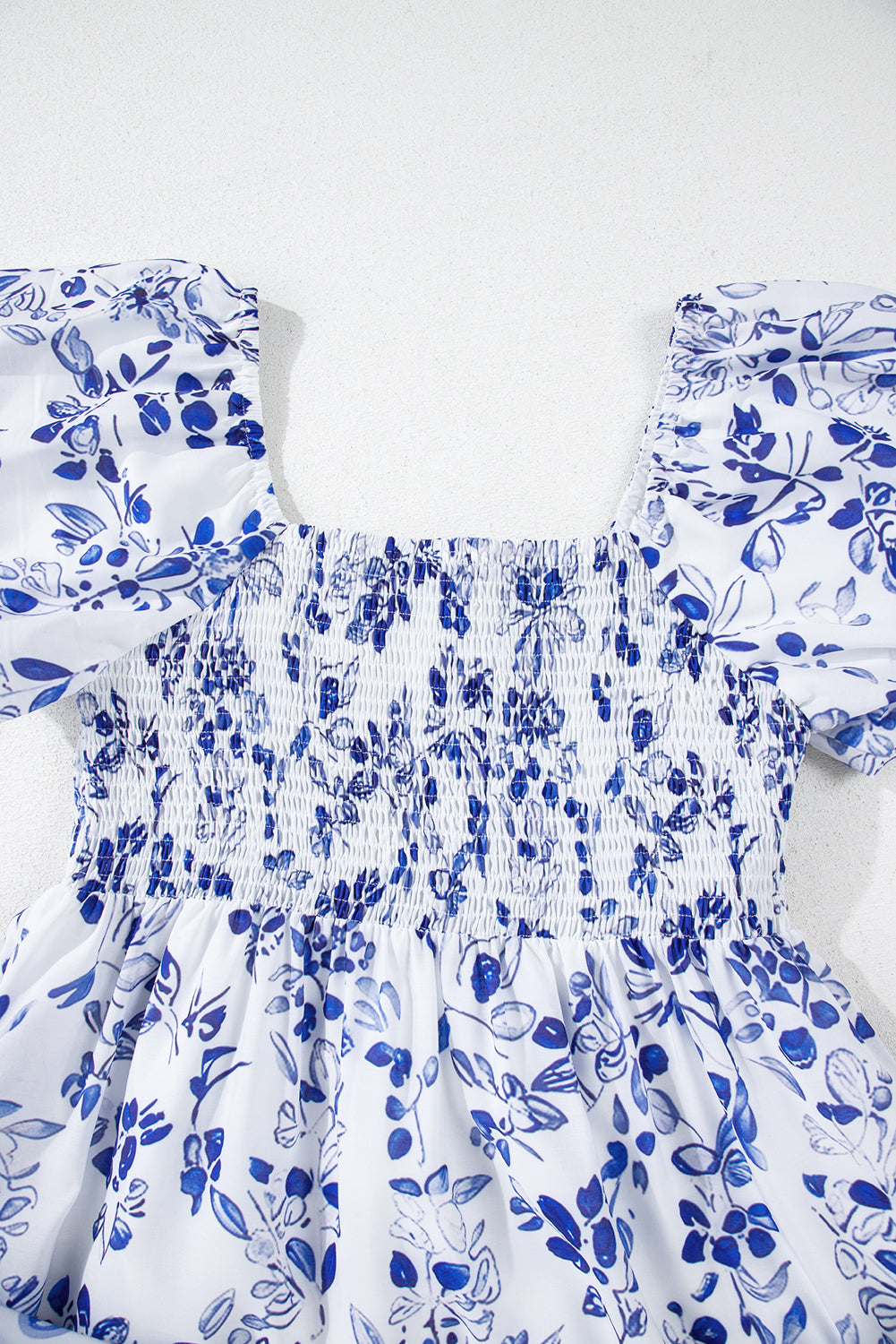 Sky Blue Floral Print Square Neck Bubble Sleeve High Waist Long Dress Maxi Dresses JT's Designer Fashion