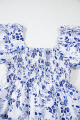 Sky Blue Floral Print Square Neck Bubble Sleeve High Waist Long Dress Maxi Dresses JT's Designer Fashion