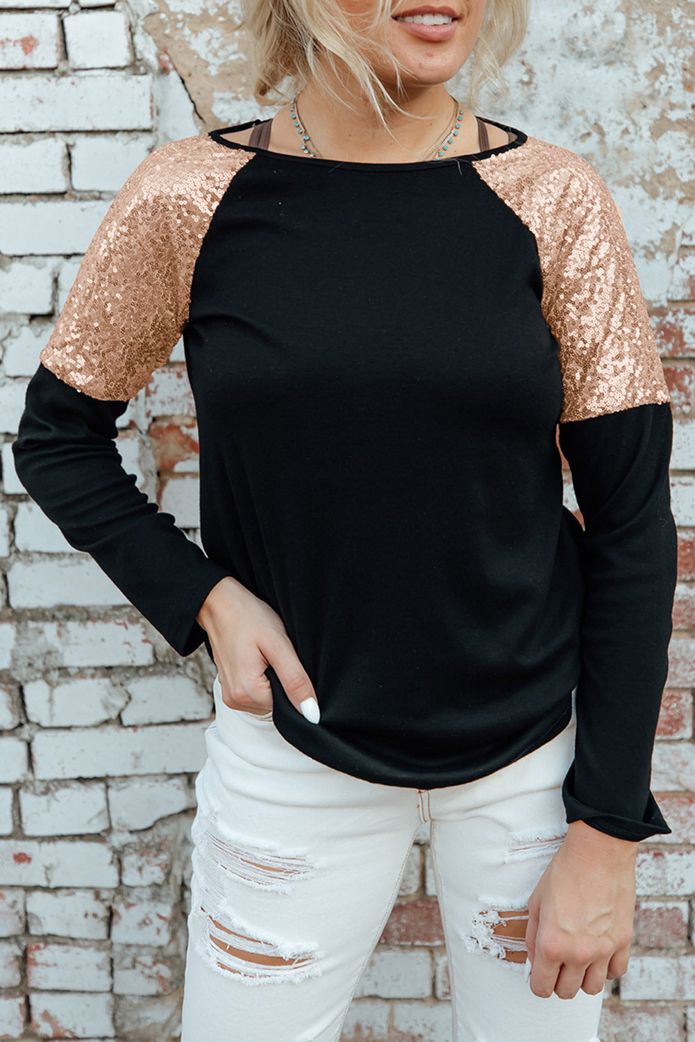 Black Sequin Shoulder Long Sleeve Top Long Sleeve Tops JT's Designer Fashion