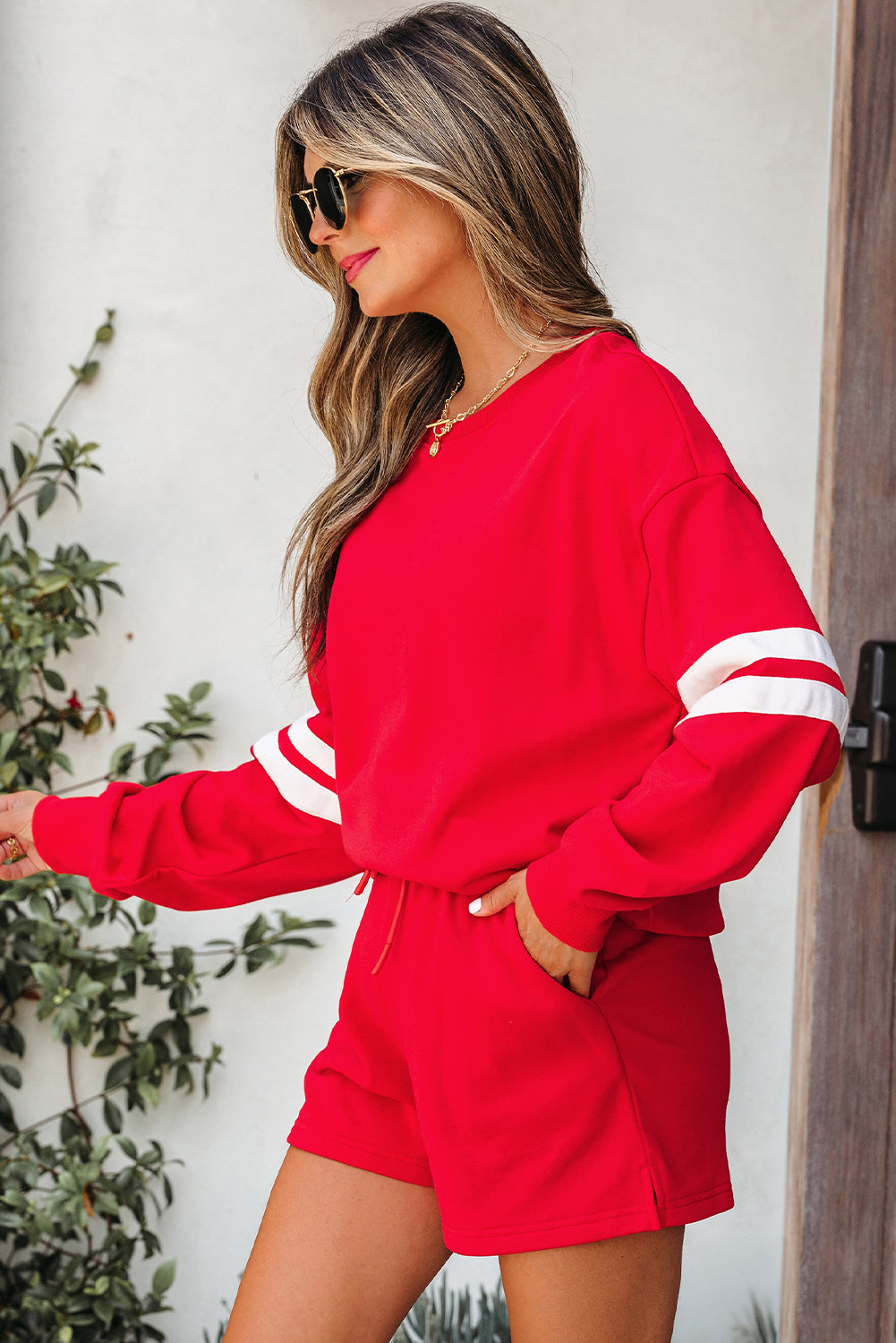 Fiery Red Varsity Striped Sleeve Drop Shoulder Sweatshirt and Short Set Short Sets JT's Designer Fashion