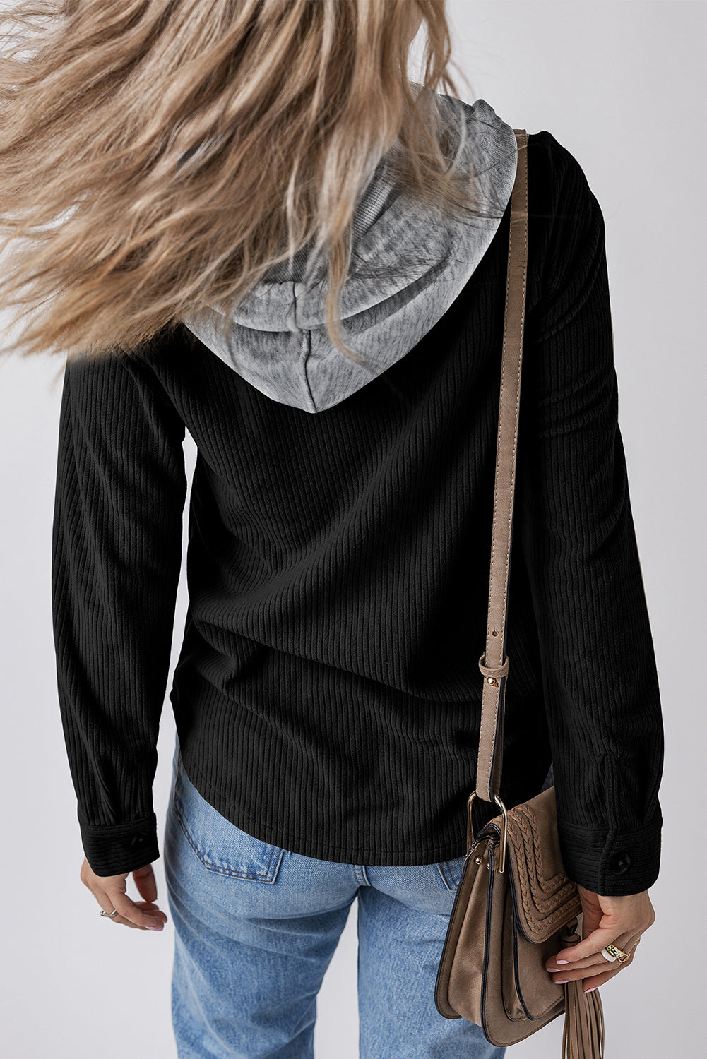 Black Hooded Drawstring Pockets Corduroy Shacket Jackets JT's Designer Fashion