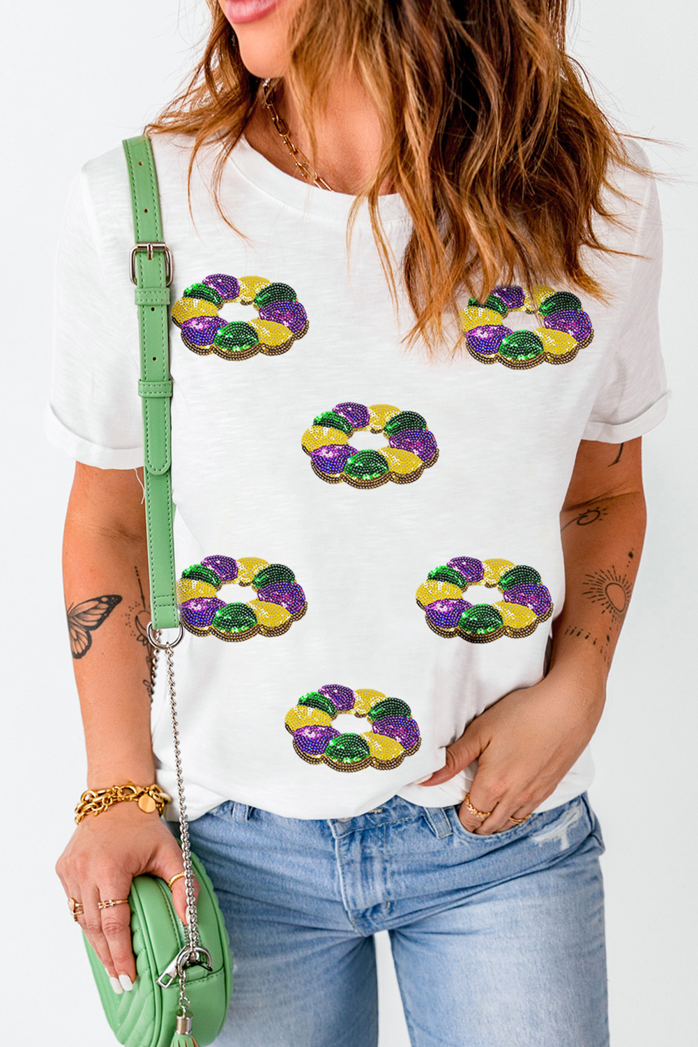 White Sequined Mardi Gras Pattern Crew Neck Short Sleeve Top Graphic Tees JT's Designer Fashion