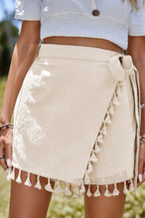 Apricot Tassel Trim Wrap Knot Side Bohemian Style Mini Skort Casual Shorts JT's Designer Fashion