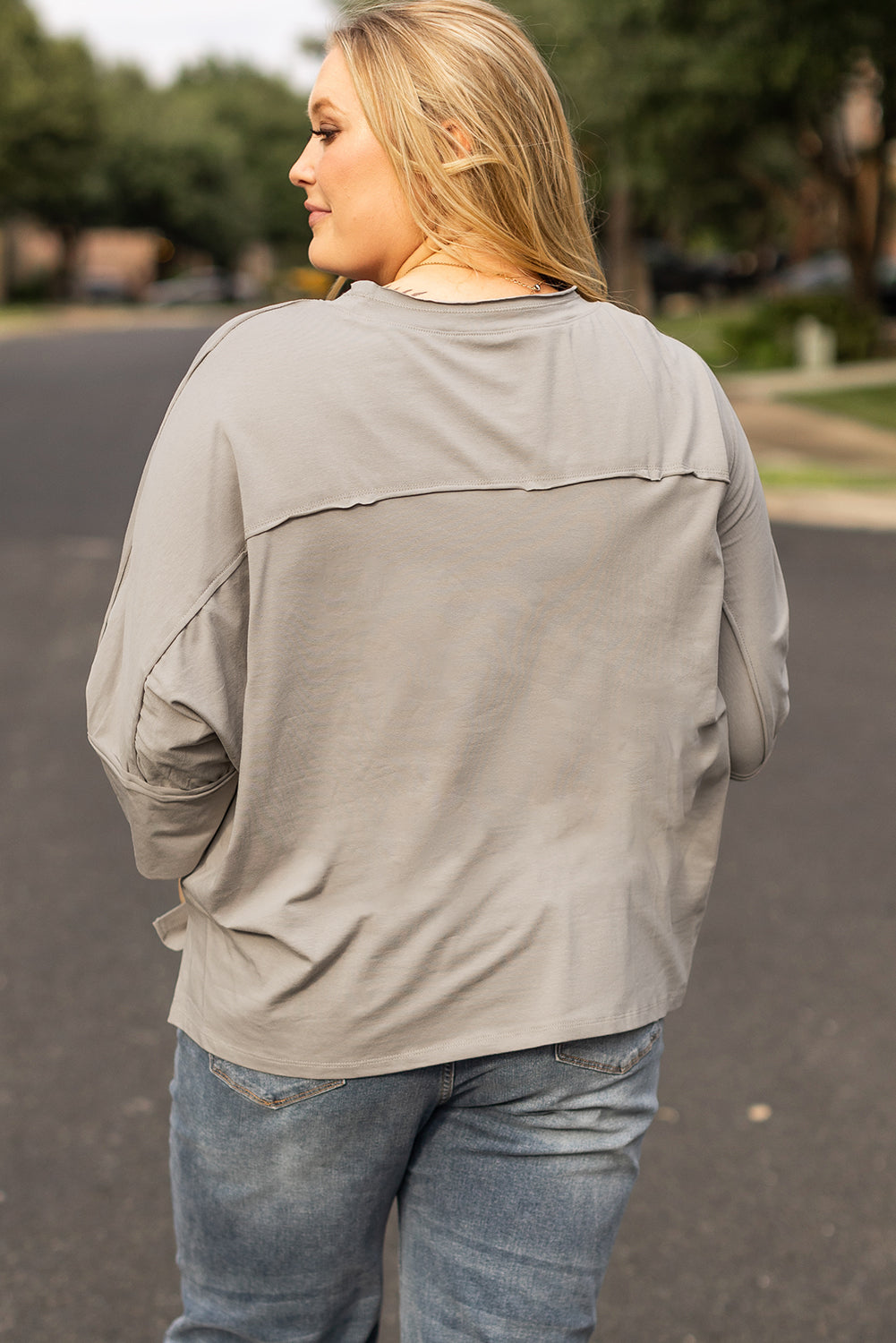 Medium Grey Floral Star Patched Pattern 3/4 Sleeve Plus Size Top Plus Size Tops & Tees JT's Designer Fashion