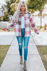 Plaid Color Block Buttoned Long Sleeve Jacket with Pocket Plaid Shackets JT's Designer Fashion