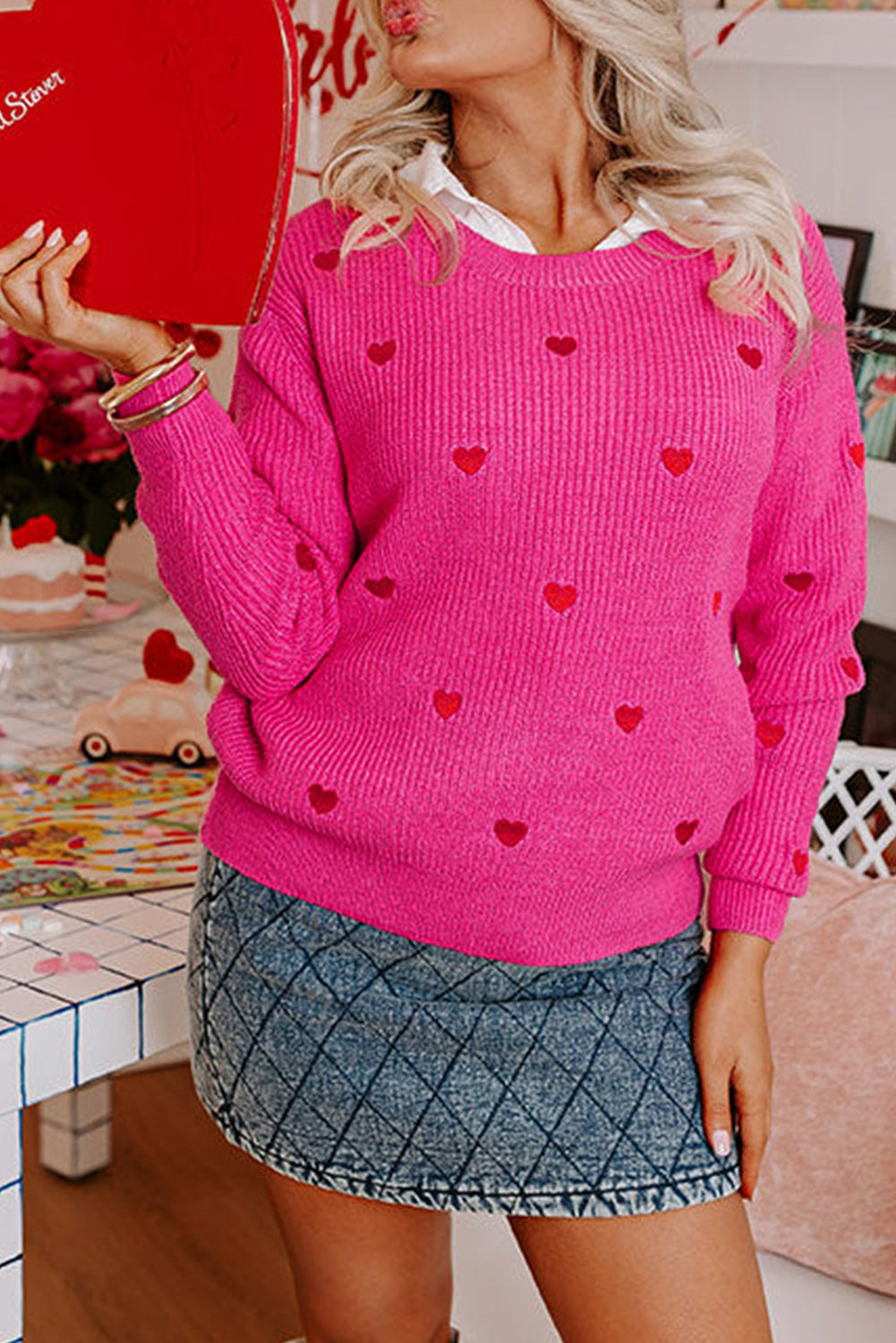 Rose Red Heart Shape Drop Shoulder Round Neck Sweater Sweaters JT's Designer Fashion