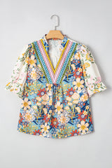 Boho Bloom Plus Size Floral Blouse – Vibrant V-Neck Tunic Top with Puff Sleeves Plus Size Blouses & Shirts JT's Designer Fashion