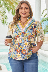 Boho Bloom Plus Size Floral Blouse – Vibrant V-Neck Tunic Top with Puff Sleeves Plus Size Blouses & Shirts JT's Designer Fashion