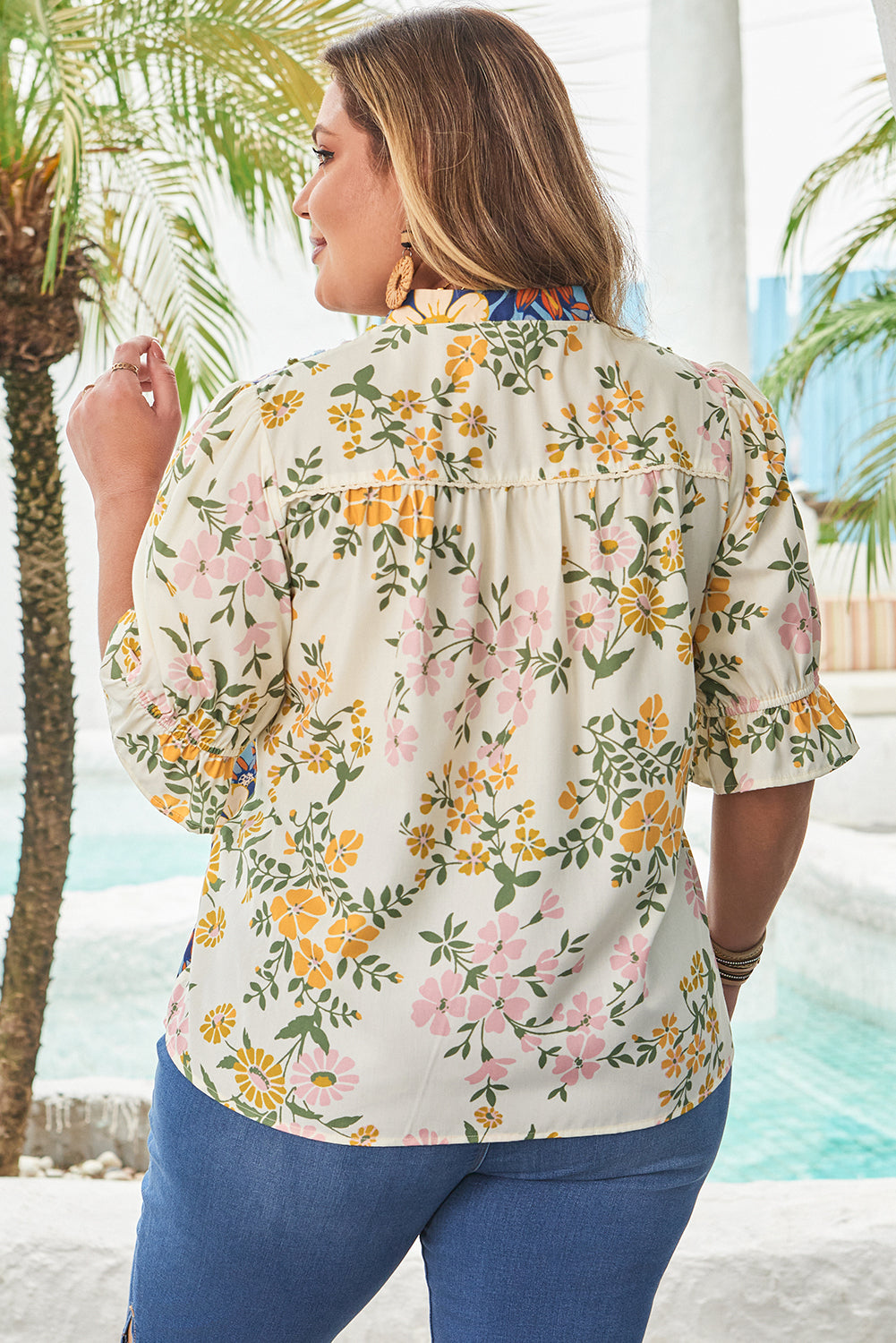 Boho Bloom Plus Size Floral Blouse – Vibrant V-Neck Tunic Top with Puff Sleeves Plus Size Blouses & Shirts JT's Designer Fashion