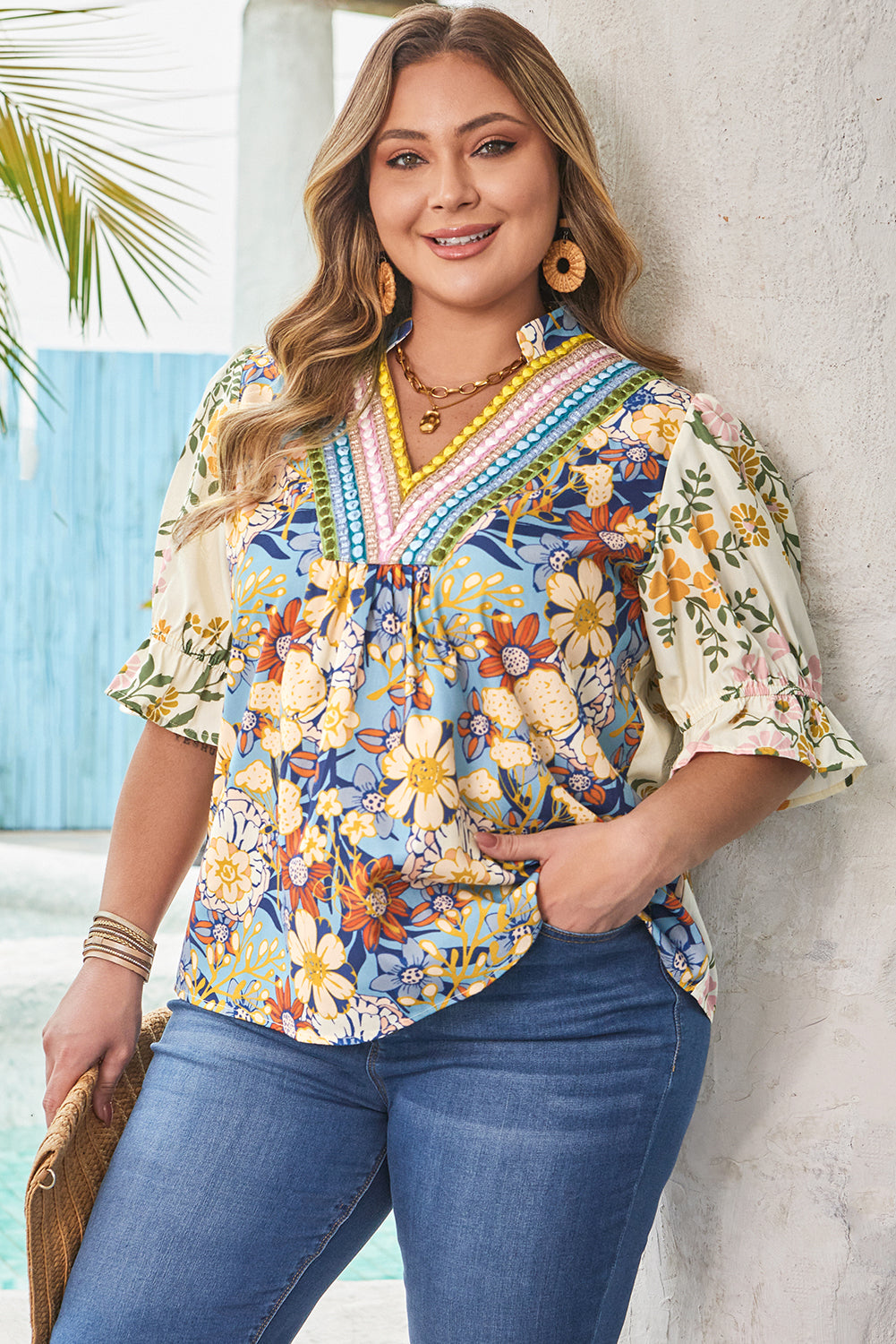 Boho Bloom Plus Size Floral Blouse – Vibrant V-Neck Tunic Top with Puff Sleeves Plus Size Blouses & Shirts JT's Designer Fashion
