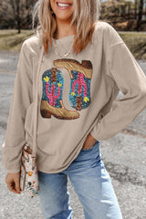 Smoke Gray Western Cowboy Boots Graphic Corded Loose Sweatshirt Smoke Gray 100%Polyester Graphic Sweatshirts JT's Designer Fashion