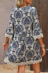 Sky Blue Vintage Printed Lace Trim V Neck 3/4 Sleeve Loose Dress Mini Dresses JT's Designer Fashion