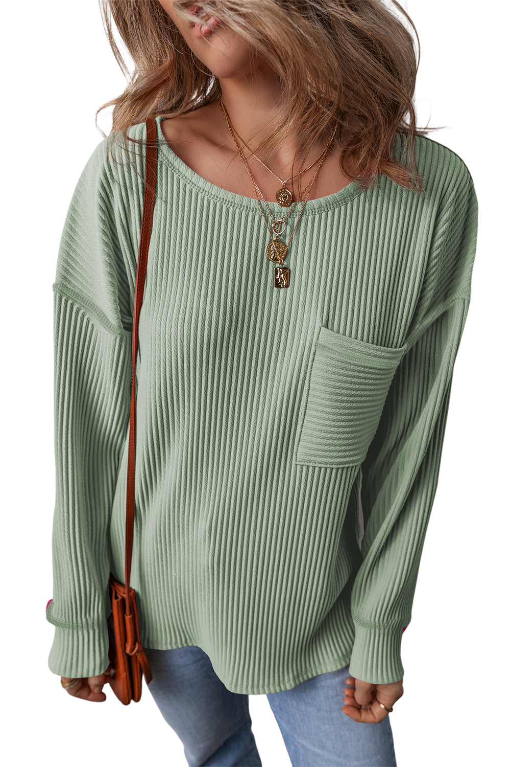 Clearly Aqua Solid Color Corded Drop Shoulder Long Sleeve Top Long Sleeve Tops JT's Designer Fashion