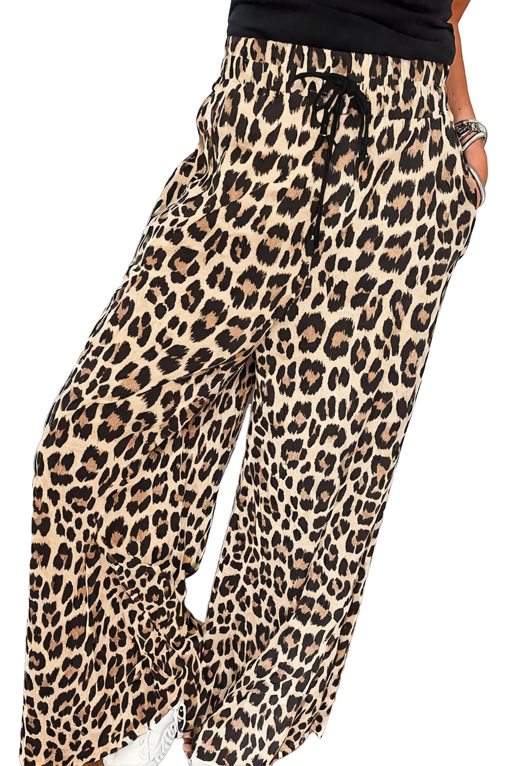 Parchment Leopard Drawstring Flowy Wide Leg Pants Pants & Culotte JT's Designer Fashion