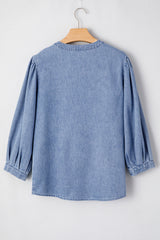 Myosotis Denim Front Pintuck Bow Tie Puff Sleeve Top Blouses & Shirts JT's Designer Fashion