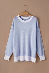 Blue Stripe Plus Size Contrast Trim Crew Neck Rib Knit Drop Shoulder Sweater Plus Size Sweaters & Cardigans JT's Designer Fashion
