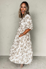 Khaki Floral Puff Sleeve V Neck Buttoned Front Long Dress Maxi Dresses JT's Designer Fashion