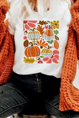 White Pumpkin Flower Print Fall Graphic Cotton Blend Tee Graphic Tees JT's Designer Fashion