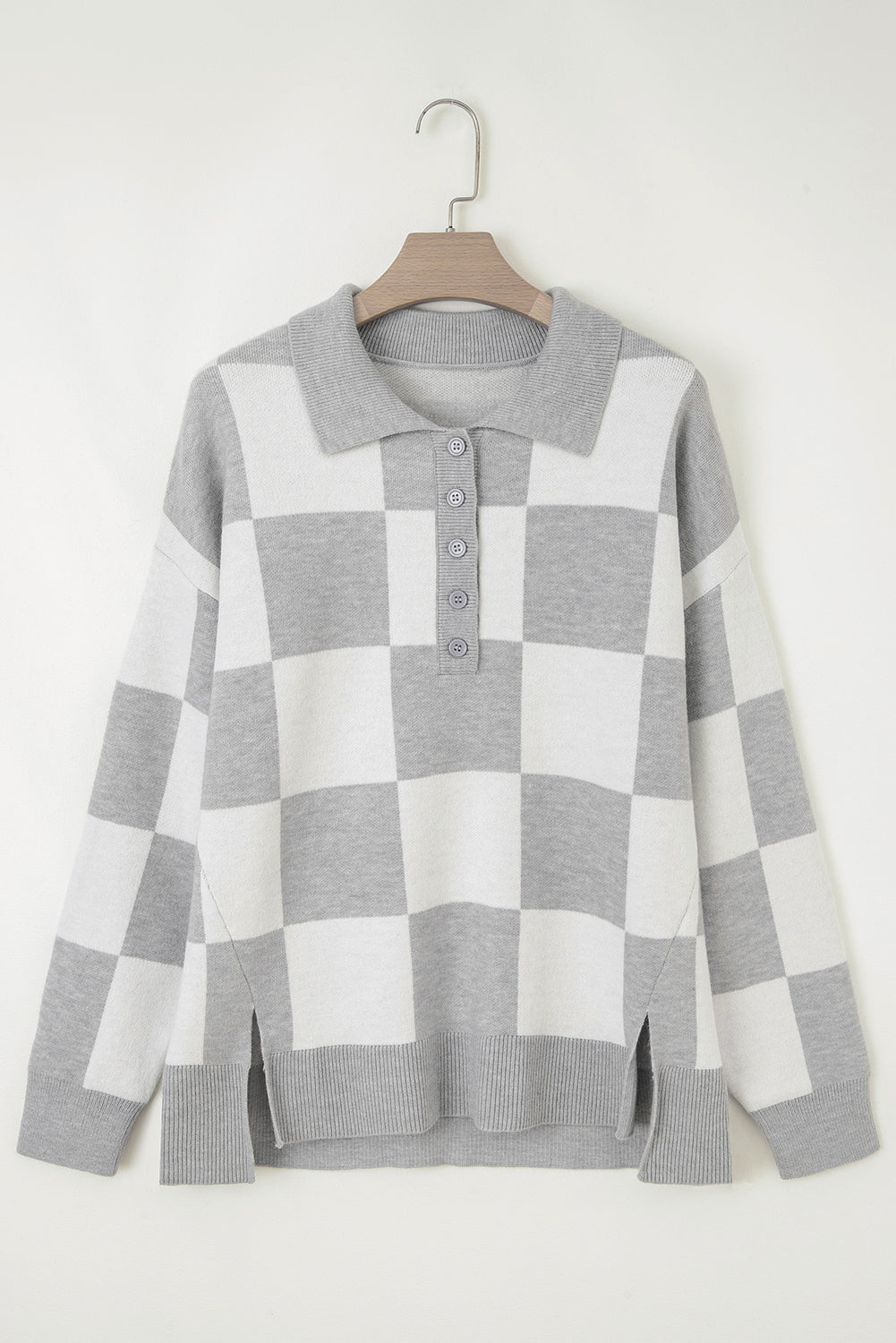 Gray Plus Size Checkered Pattern Button Polo Collar Split Sweater Plus Size Sweaters & Cardigans JT's Designer Fashion