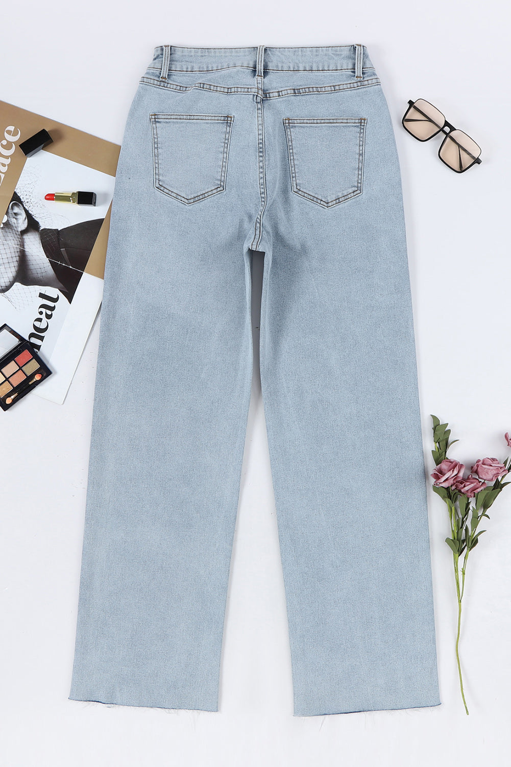 Sky Blue Mid Rise Asymmetrical Waist Wide Leg Jeans Jeans JT's Designer Fashion