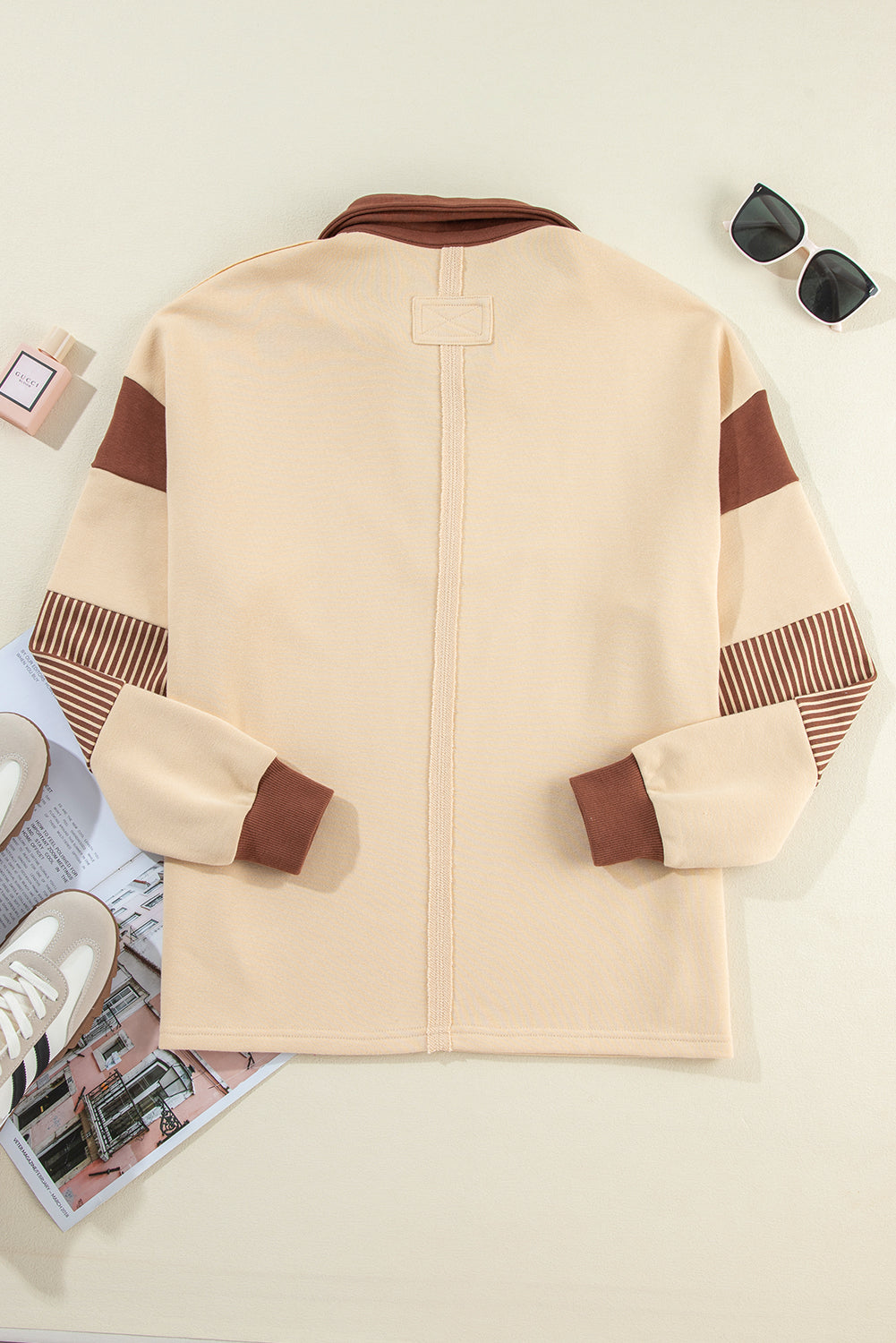 Light French Beige Striped Colorblock Patchwork Collar Sweatshirt Sweatshirts & Hoodies JT's Designer Fashion