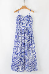 Sky Blue Floral Print Spaghetti Strap High Waist Maxi Dress Floral Dresses JT's Designer Fashion