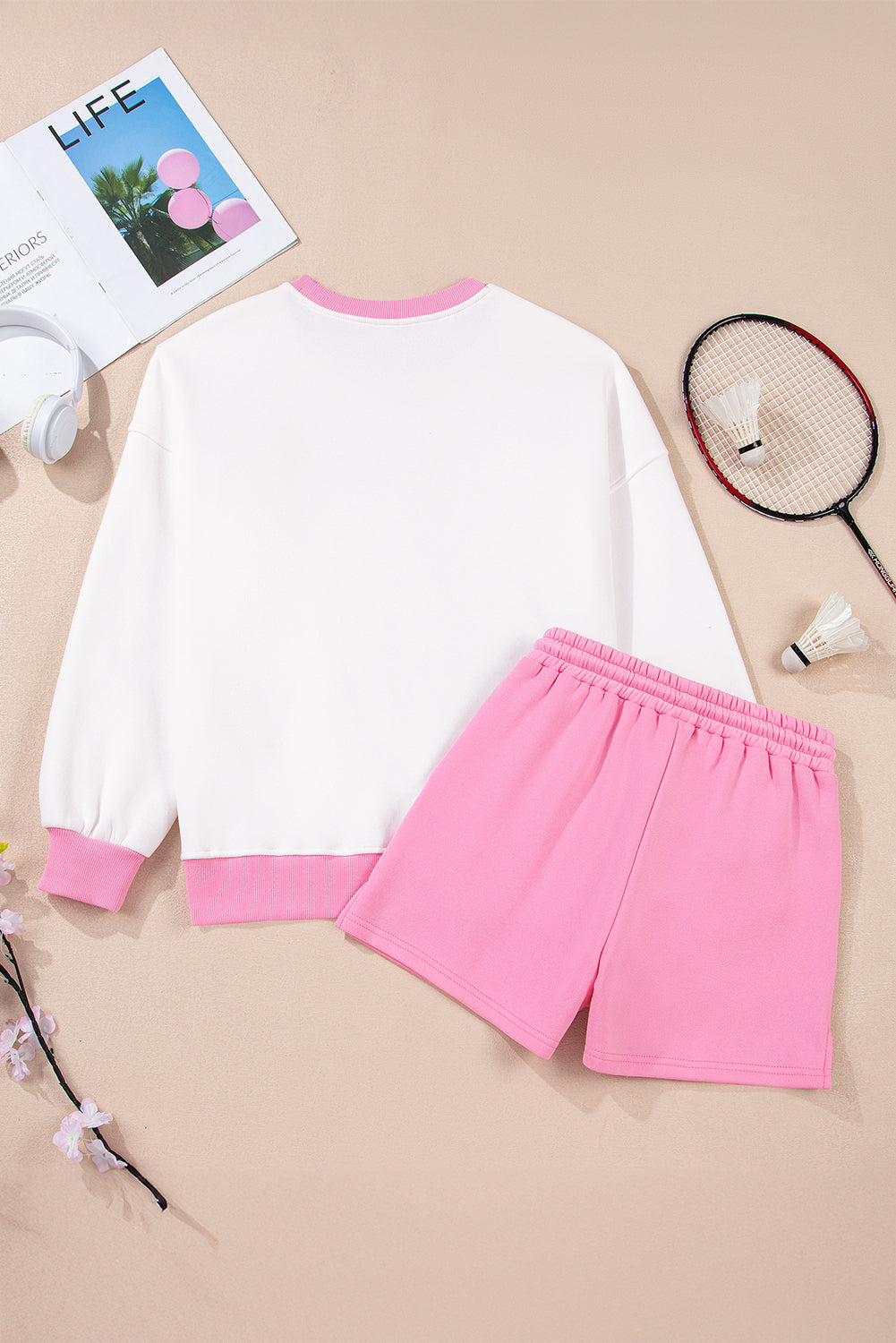Strawberry Pink Color Block Pullover and Lace-up Elastic Waist Shorts Set Short Sets JT's Designer Fashion