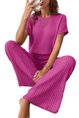 Rose Red Solid Color Ribbed Short Sleeve Wide Leg Jumpsuit Bottoms JT's Designer Fashion