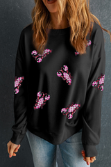 Black Sequined Crawfish Graphic Drop Shoulder Sweatshirt Graphic Sweatshirts JT's Designer Fashion