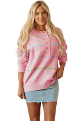 Pink Rainbow Stripes Drop Shoulder Baggy Henley Sweater Sweaters JT's Designer Fashion